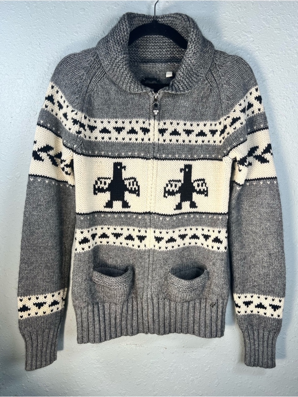 TNA Sea to Sky Cowichan Style Intarsia Lambswool Shawl Collar Sweater L - Picture 2 of 16